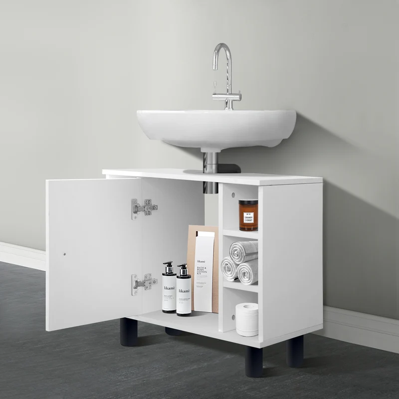 Waschbeckenunterschrank Badezimmerschrank 60x54x32 cm mit 1 Türen und 6 Ablagen Weiß ML-Design