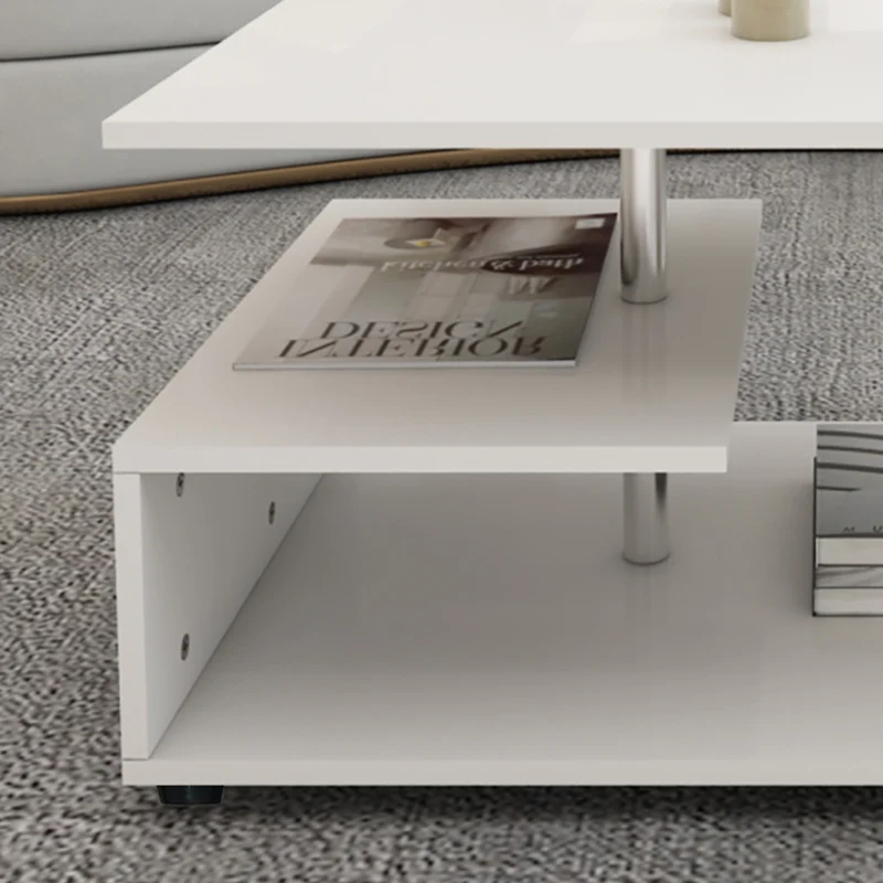 Couchtisch 91x52,6x41 cm Weiß mit Metall Dekostange und Ablageflächen auf 3 Etagen ML-Design
