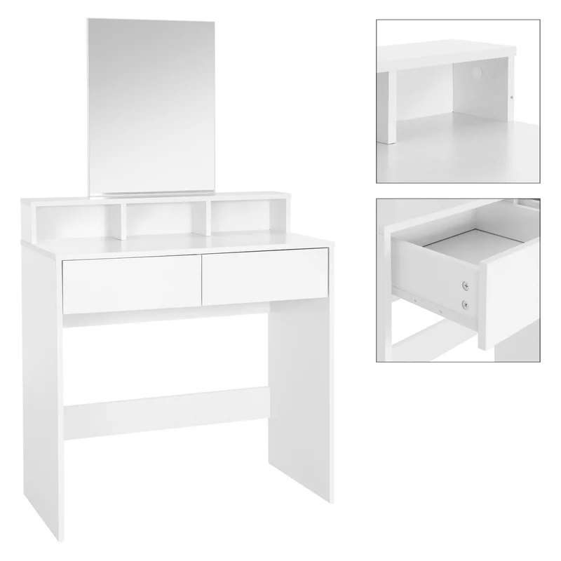 Schminktisch Frisiertisch 80x40x140 cm in Weiß mit Spiegel, 2 Schubladen und 3 Ablagen ML-Design