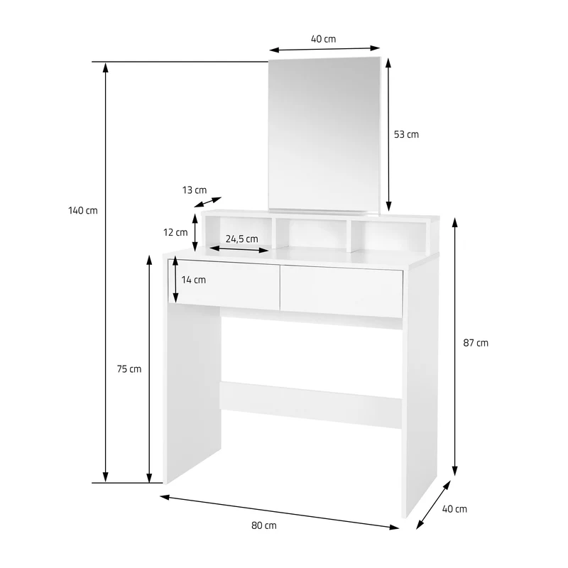 Schminktisch Frisiertisch 80x40x140 cm in Weiß mit Spiegel, 2 Schubladen und 3 Ablagen ML-Design