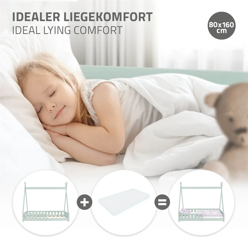 Kinderbett Tipi 80x160 cm Minze aus Kiefernholz mit Rausfallschutz und Lattenrost Holzbett ML-Design