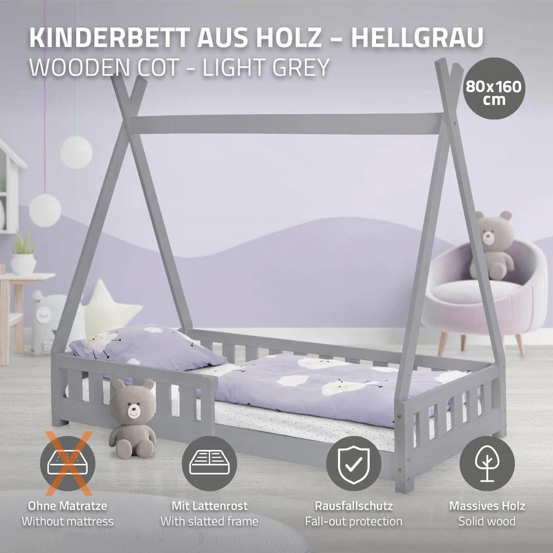 Kinderbett Tipi 80x160 cm Hellgrau aus Kiefernholz mit Rausfallschutz und Lattenrost Holzbett ML-Design