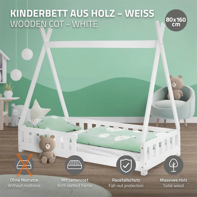 Kinderbett Tipi 80x160 cm Weiß aus Kiefernholz mit Rausfallschutz und Lattenrost Holzbett ML-Design