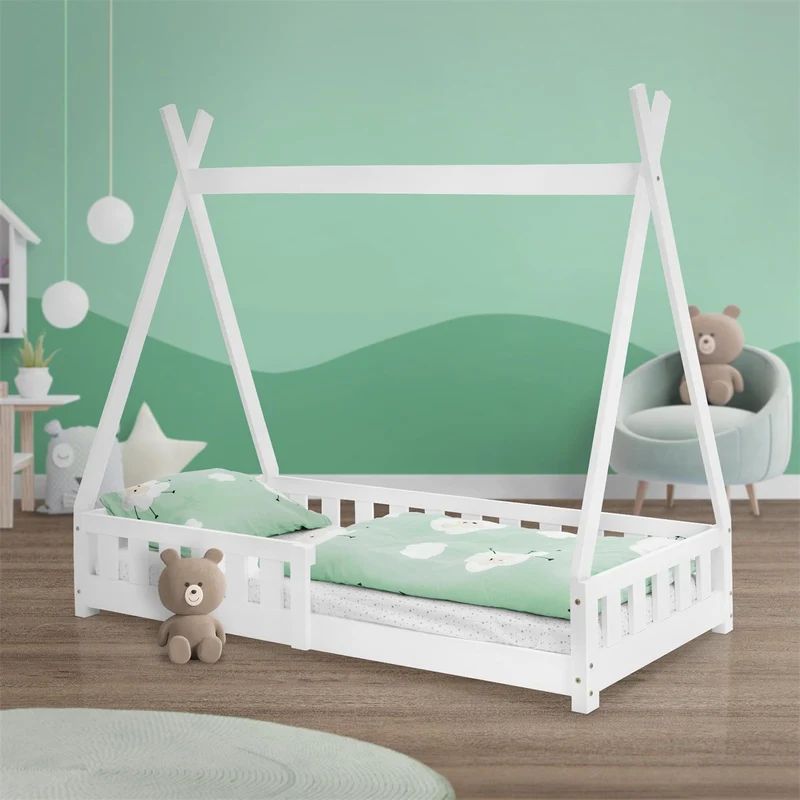 Kinderbett Tipi 80x160 cm Weiß aus Kiefernholz mit Rausfallschutz und Lattenrost Holzbett ML-Design