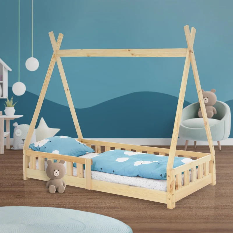 Kinderbett Tipi 80x160 cm aus Kiefernholz mit Rausfallschutz und Lattenrost Holzbett ML-Design