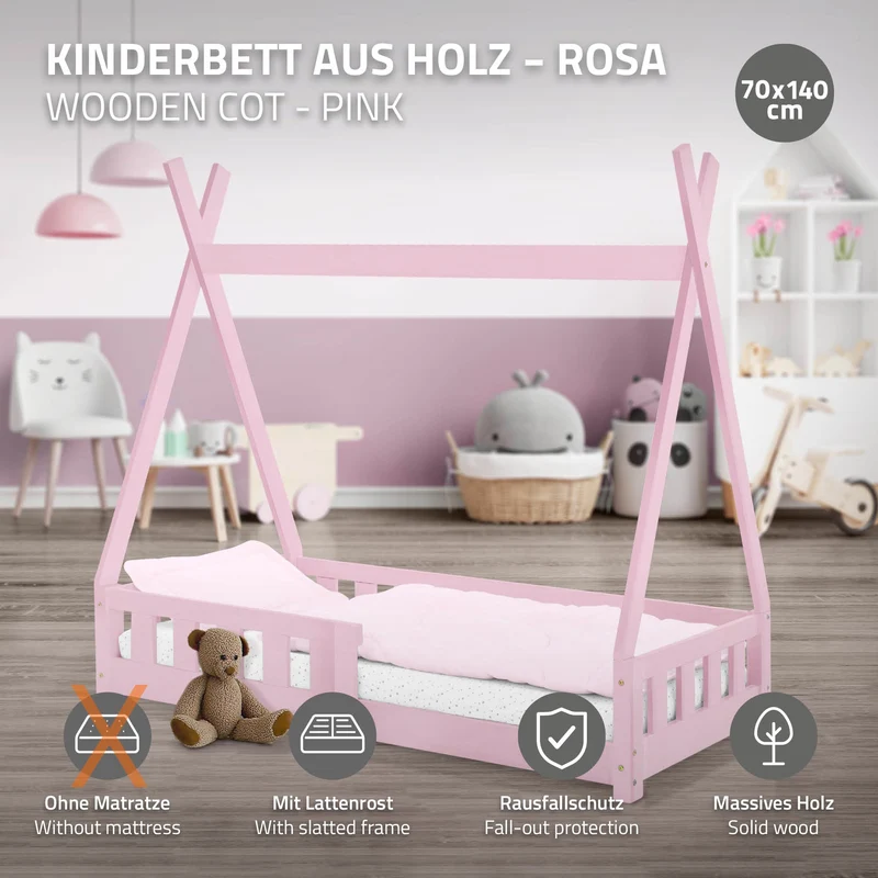 Kinderbett Tipi 70x140 cm Rosa aus Kiefernholz mit Rausfallschutz und Lattenrost Holzbett ML-Design