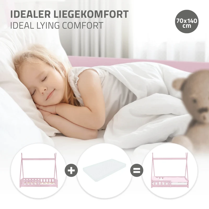 Kinderbett Tipi 70x140 cm Rosa aus Kiefernholz mit Rausfallschutz und Lattenrost Holzbett ML-Design