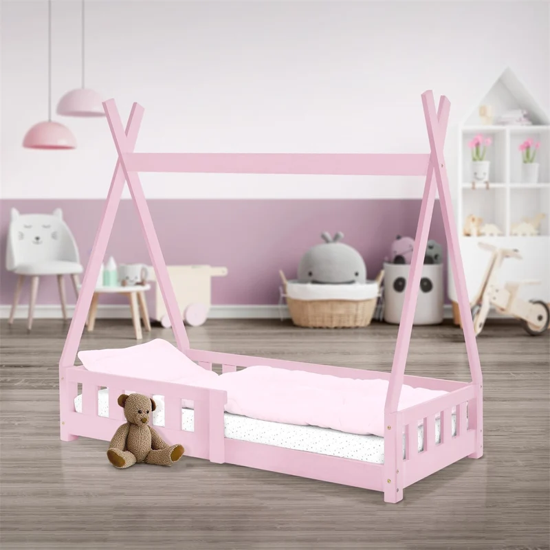 Kinderbett Tipi 70x140 cm Rosa aus Kiefernholz mit Rausfallschutz und Lattenrost Holzbett ML-Design