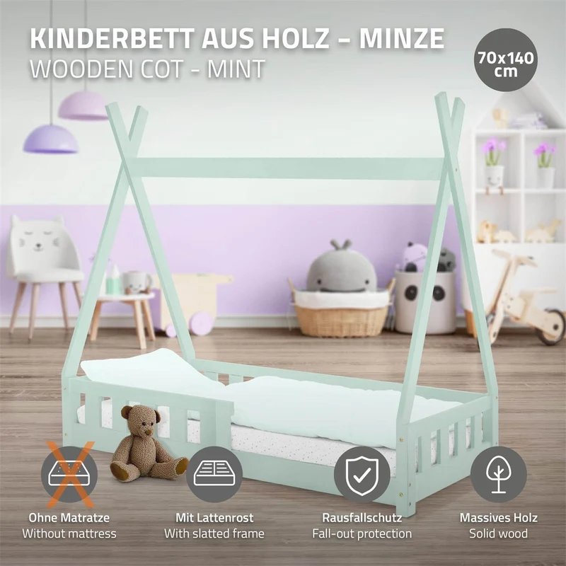 Kinderbett Tipi 70x140 cm Minze aus Kiefernholz mit Rausfallschutz und Lattenrost Holzbett ML-Design