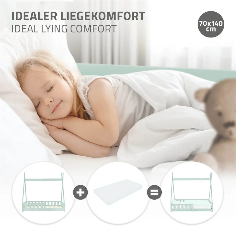 Kinderbett Tipi 70x140 cm Minze aus Kiefernholz mit Rausfallschutz und Lattenrost Holzbett ML-Design