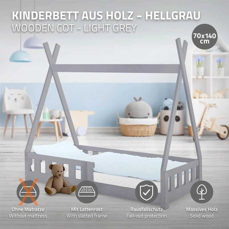 Kinderbett Tipi 70x140 cm Hellgrau aus Kiefernholz mit Rausfallschutz und Lattenrost Holzbett ML-Design