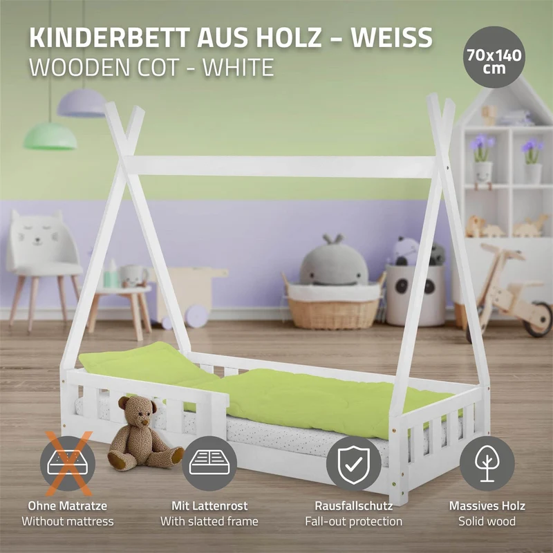 Kinderbett Tipi 70x140 cm Weiß aus Kiefernholz mit Rausfallschutz und Lattenrost Holzbett ML-Design