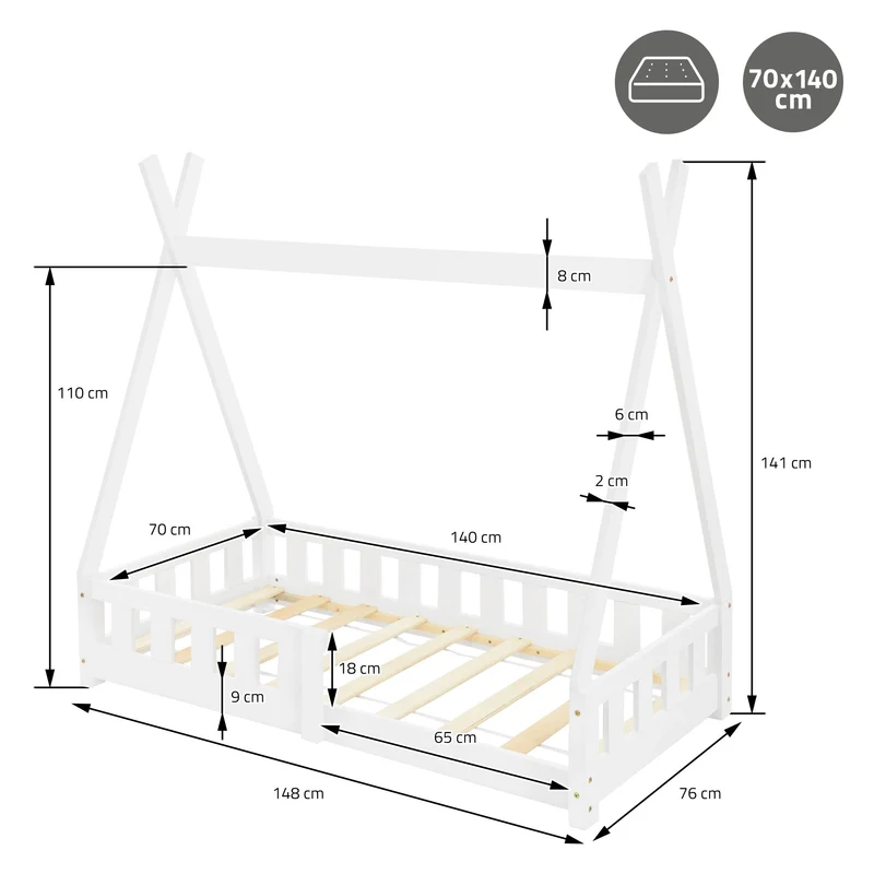 Kinderbett Tipi 70x140 cm Weiß aus Kiefernholz mit Rausfallschutz und Lattenrost Holzbett ML-Design