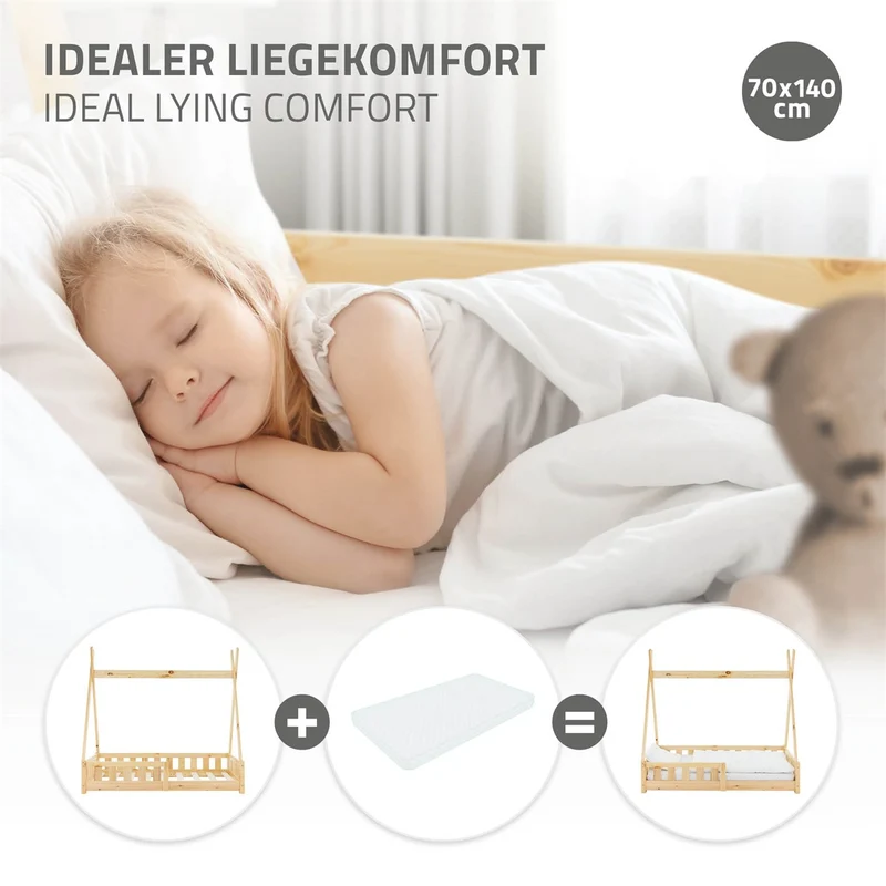 Kinderbett Tipi 70x140 cm aus Kiefernholz mit Rausfallschutz und Lattenrost Holzbett ML-Design