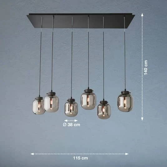 B-Ware FISCHER & HONSEL Hängeleuchte Regi Hängeleuchte Lampe Glas rauchgrau 6-fl. 282