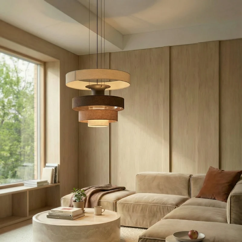 B-Ware Lucande Pendelleuchte Hängelampe LED Peldano Textil Braun Beige Ø 50 cm warmweiß