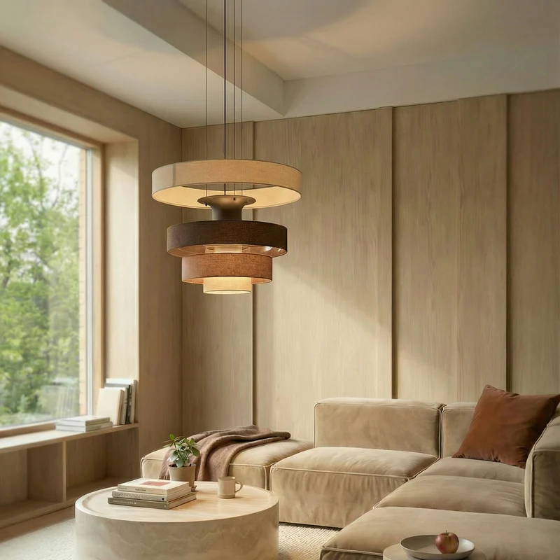 B-Ware Lucande Pendelleuchte Hängelampe LED Peldano Textil Braun Beige Ø 50 cm warmweiß