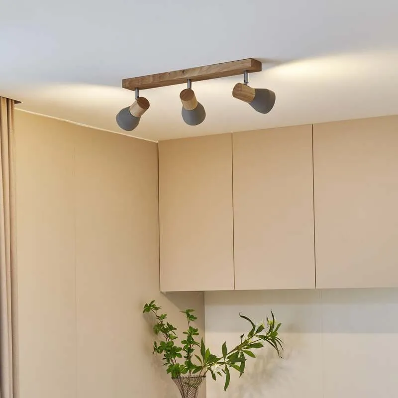 B-Ware Lindby Deckenlampe Filiz LED Strahler 3-flg dimmbar Beton Holz hellgrau 47cm