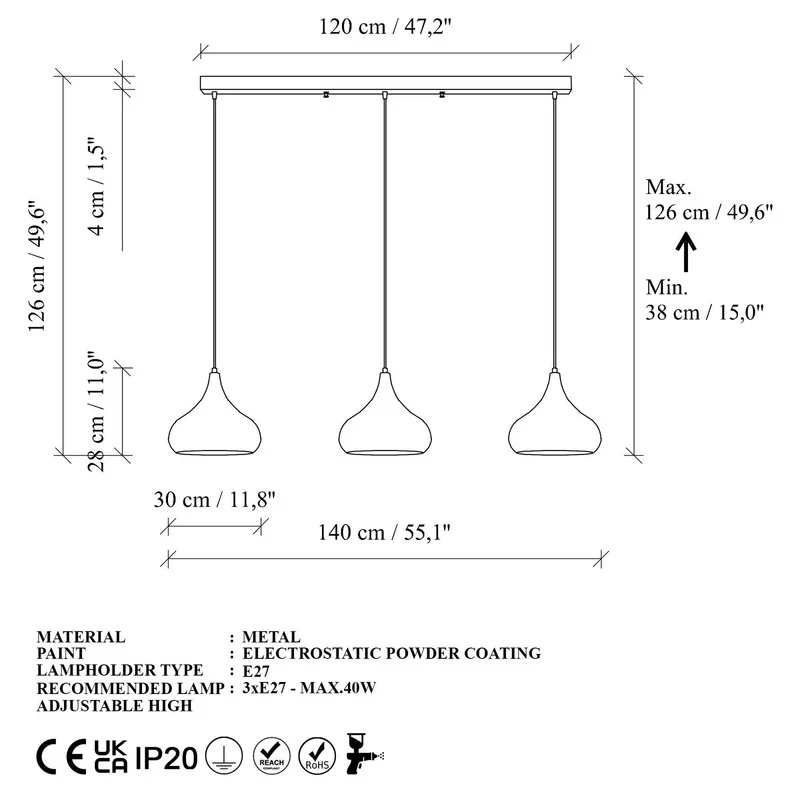 B-Ware Opviq Hängeleuchte Pendelleuchte Muba schwarz Metall Länge 120 cm616