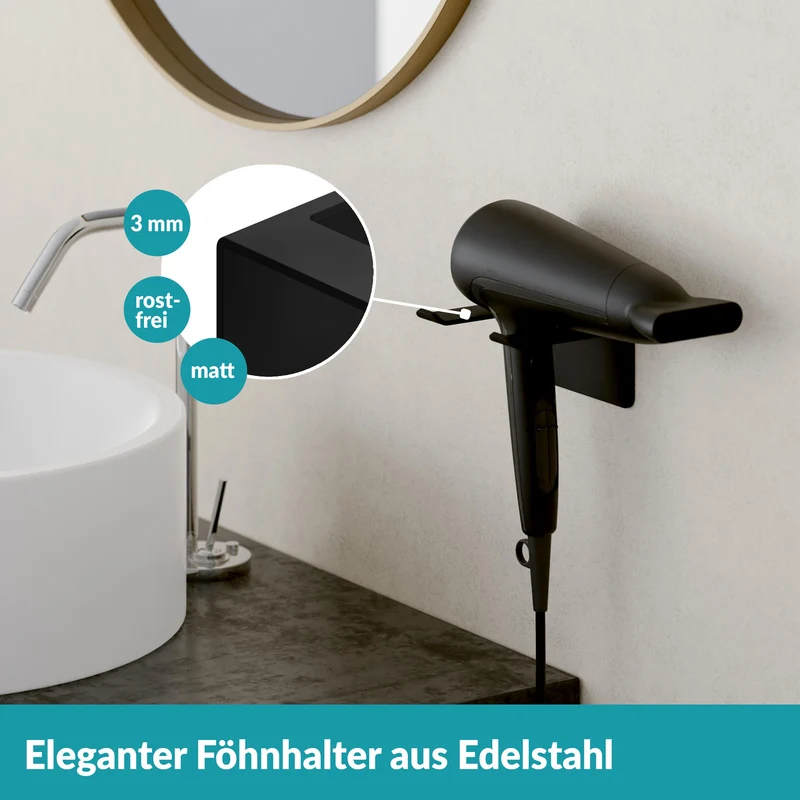 2x B-Ware Weissenstein Föhnhalter Halterung WOMO Schwarz Wandbefestigung Bad 2 STÜCK