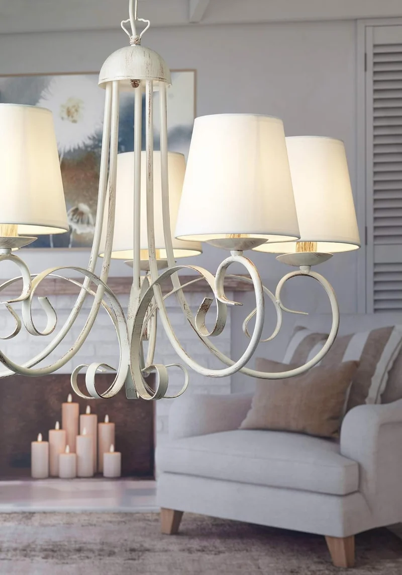 B-Ware ONLI Kronleuchter Deckenleuchte Lampe Pompei Lampenschirm Weiß Metall Textil LED
