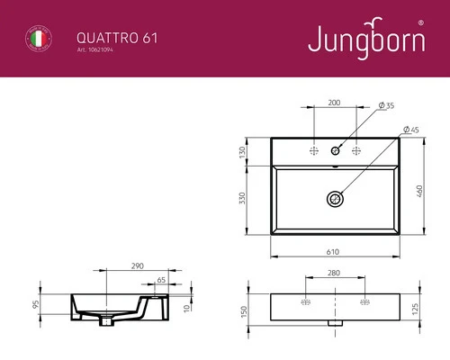 B-Ware Jungborn Waschtisch Waschbecken QUATTRO 61 x 46 cm Badezimmer Weiß Glänzend