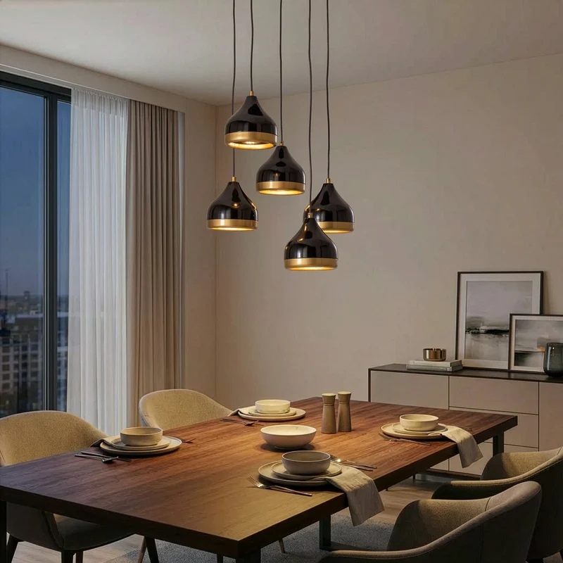 B-Ware Hängeleuchte Yildo Pendelleuchte Rondell schwarz gold Metall 5-flammig E27 LED