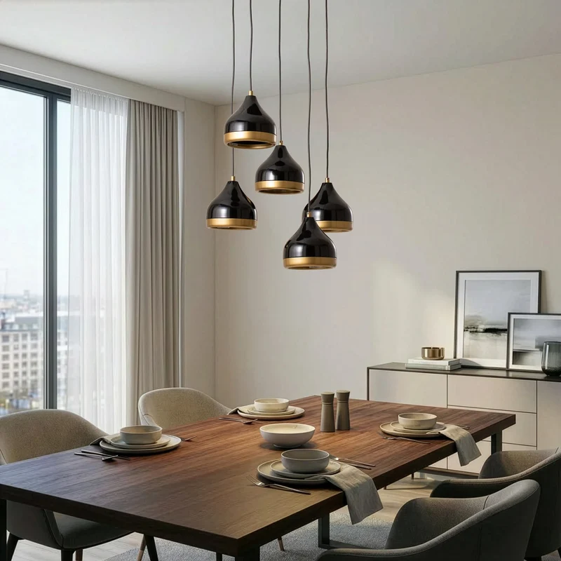 B-Ware Hängeleuchte Yildo Pendelleuchte Rondell schwarz gold Metall 5-flammig E27 LED