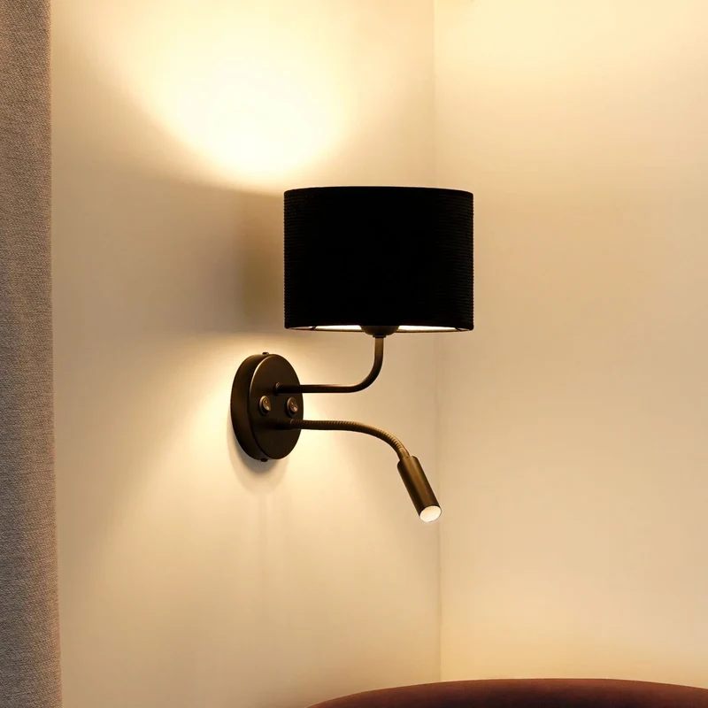 B-Ware Wandleuchte Roller Wandlampe Leselicht Cord schwarz Metall schwarz Schalter LED