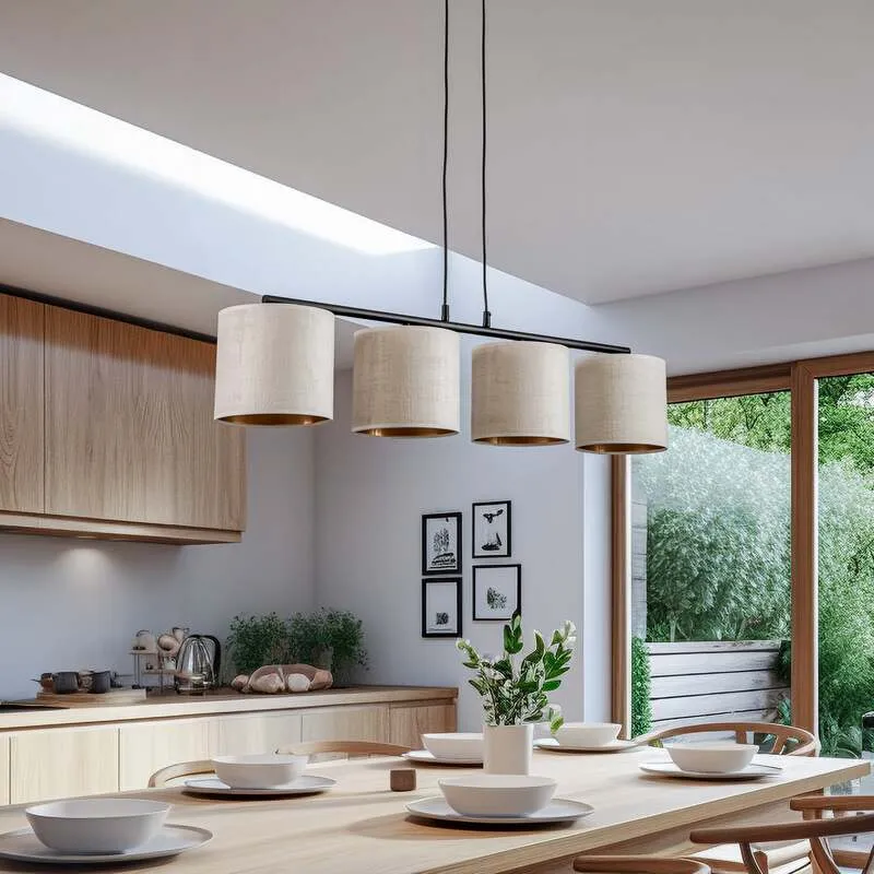 B-Ware EMIBIG LIGHTING Hängelampe Pendelleuchte Jari Stoffschirm 4fl lang weiß gold
