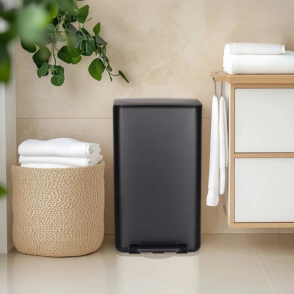 B-Ware hjh OFFICE Mülleimer CLEAN NATURA 30L Schwarz matt Holzoptik Stahl