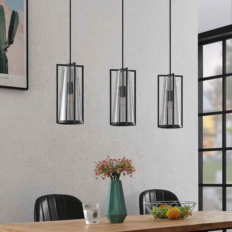 B-Ware Lucande Pendelleuchte LED Hängelampe Rufina 3-flg länglich Rauchglas schwarz