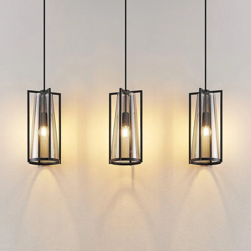 B-Ware Lucande Pendelleuchte LED Hängelampe Rufina 3-flg länglich Rauchglas schwarz