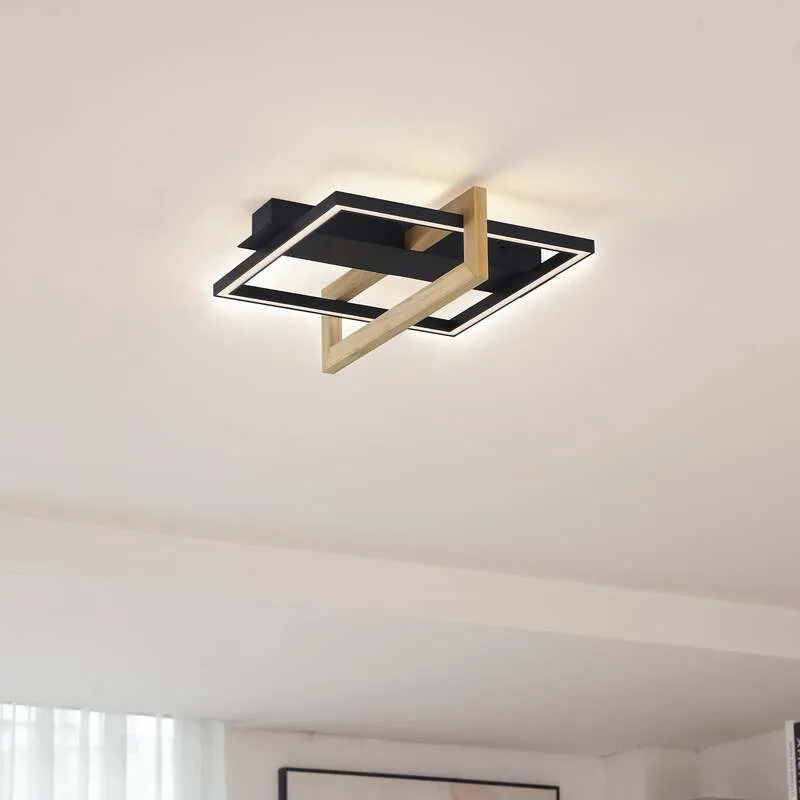 B-Ware Lindby LED-Deckenleuchte Holamu 46cm schwarz Holz Metall warmweiß 22W
