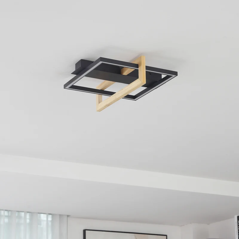 B-Ware Lindby LED-Deckenleuchte Holamu 46cm schwarz Holz Metall warmweiß 22W