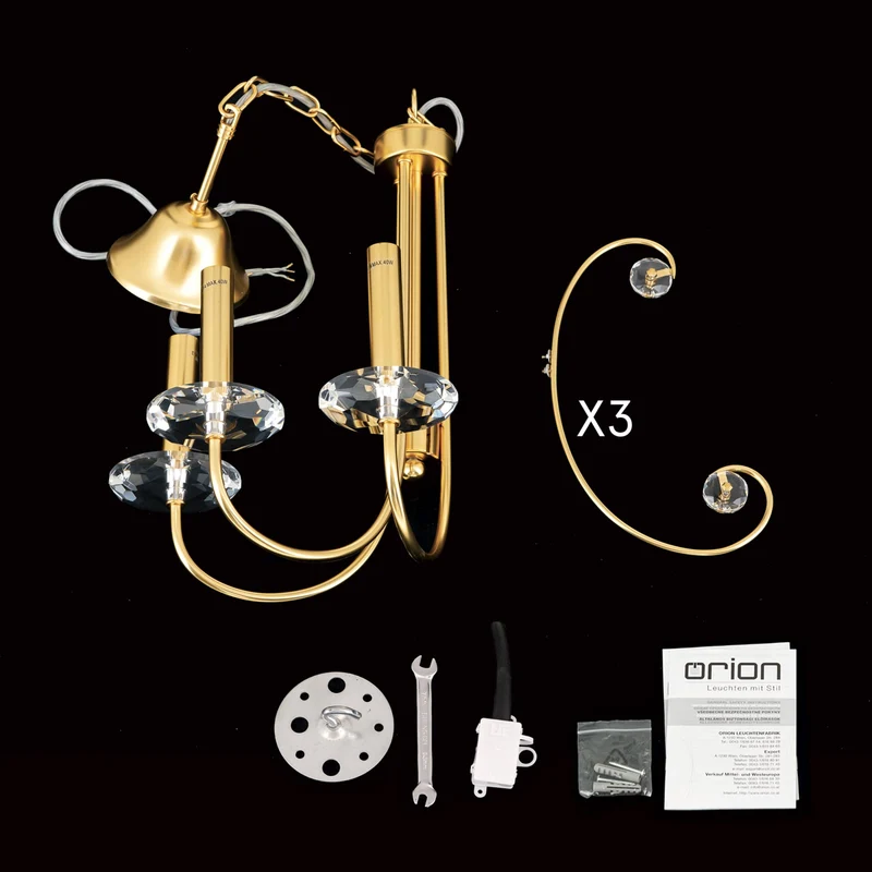 B-Ware Orion Kronleuchter Deckenleuchte Ariane Kristall Lampe goldfarben 3-flammig 50cm