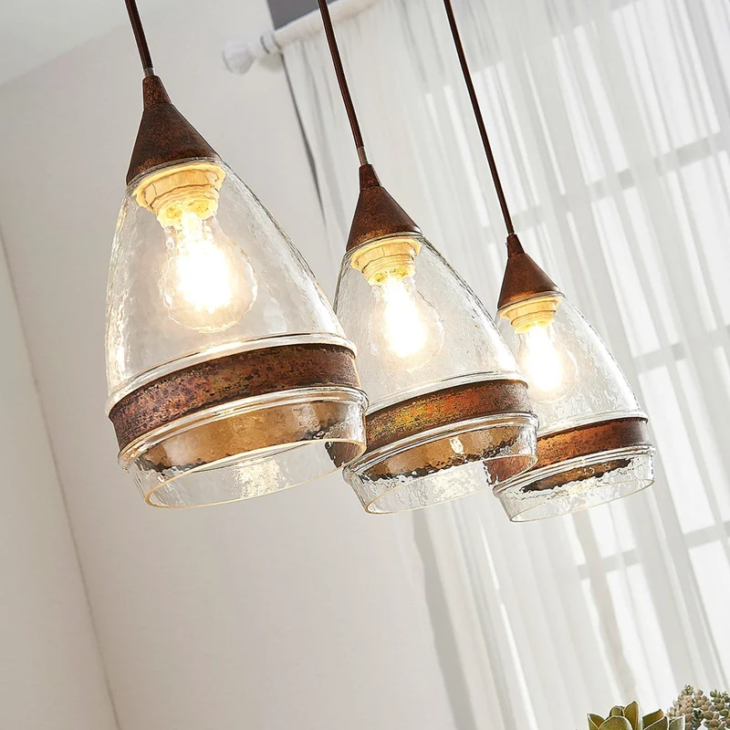 B-Ware Lindby Glas-Pendelleuchte Millina Pendellampe Lampe Leuchte 3 flg. E27 rostbr107