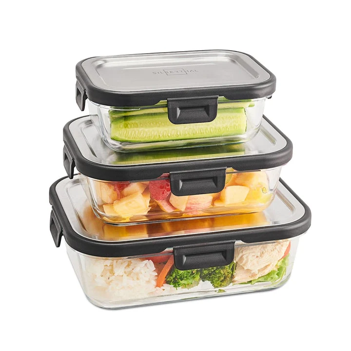 B-Ware SILBERTHAL Frischhaltedosen Vorratsdosen Glas Edelstahl 3er-Set Klickverschluss