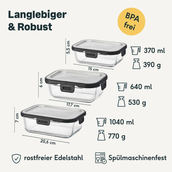 B-Ware SILBERTHAL Frischhaltedosen Vorratsdosen Glas Edelstahl 3er-Set Klickverschluss