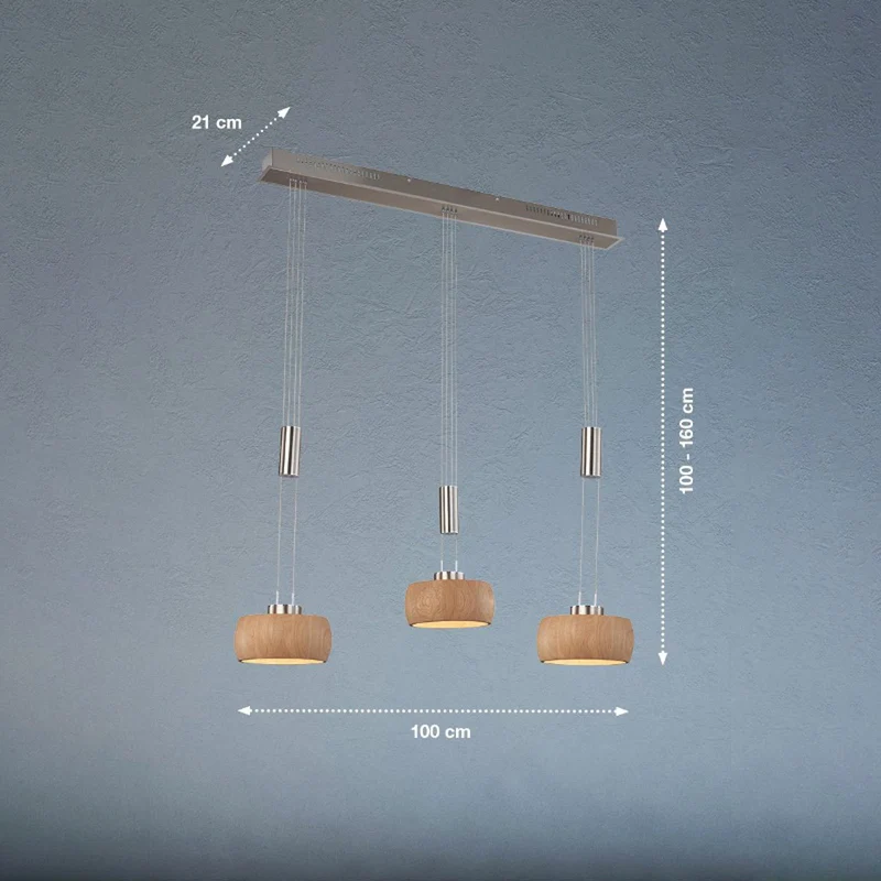 B-Ware FISCHER HONSEL Pendelleuchte Hängelampe LED Eiche nickel Holz Metall 100 cm 3flg