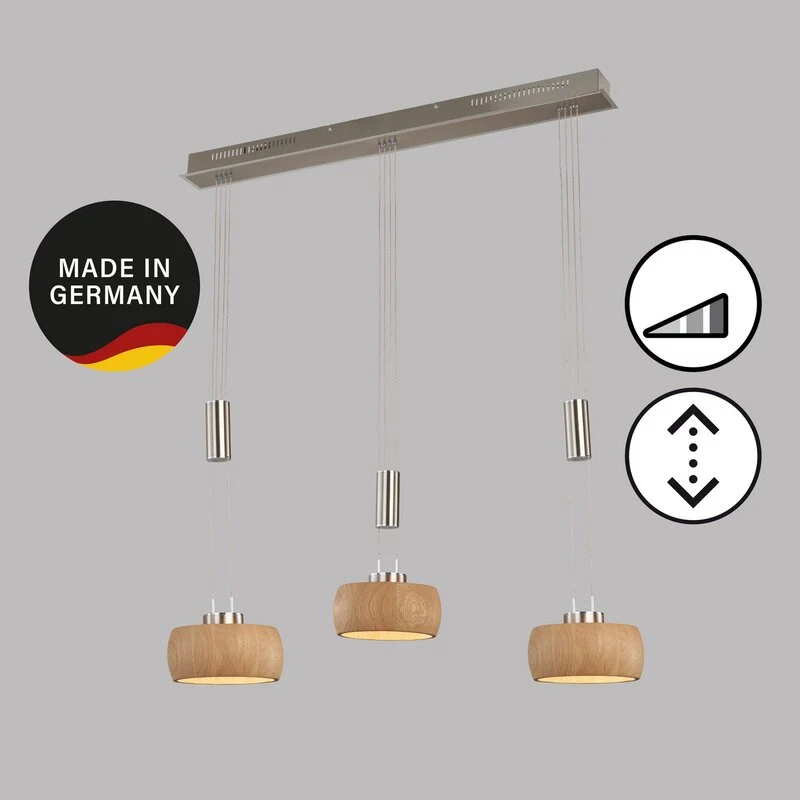 B-Ware FISCHER HONSEL Pendelleuchte Hängelampe LED Eiche nickel Holz Metall 100 cm 3flg