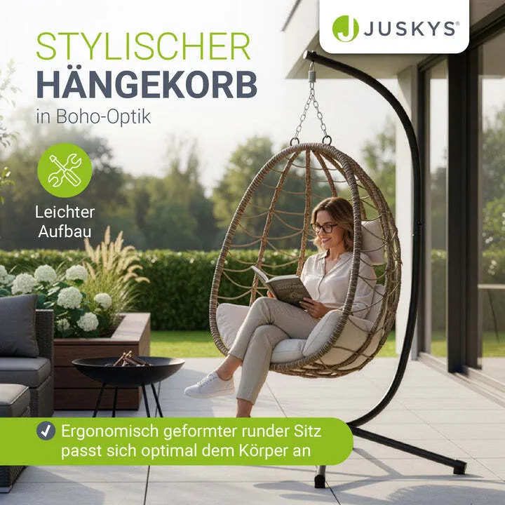 B-Ware Korbhängesessel Aria Hängesessel Relaxsessel mit Gestell Kissen Aufhängung Beige