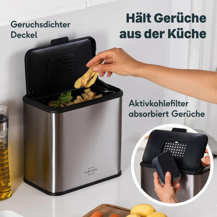 B-Ware SILBERTHAL Biomülleimer Abfalleimer Edelstahl Aktivkohlefilter 4L Kunststoff