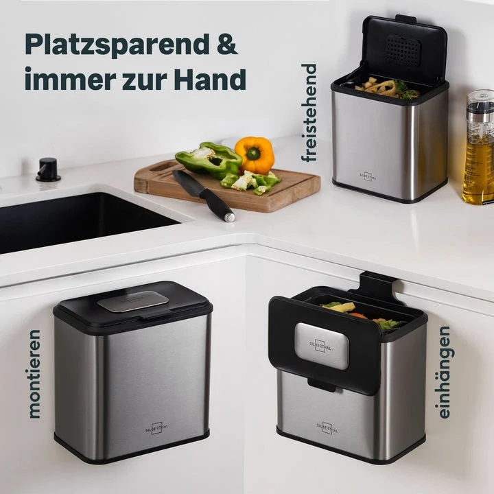 B-Ware SILBERTHAL Biomülleimer Abfalleimer Edelstahl Aktivkohlefilter 4L Kunststoff