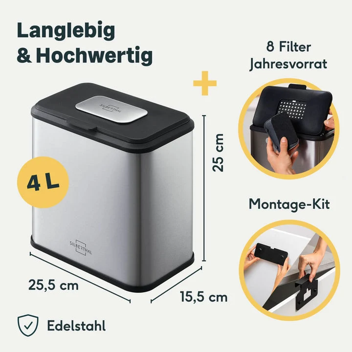 B-Ware SILBERTHAL Biomülleimer Abfalleimer Edelstahl Aktivkohlefilter 4L Kunststoff