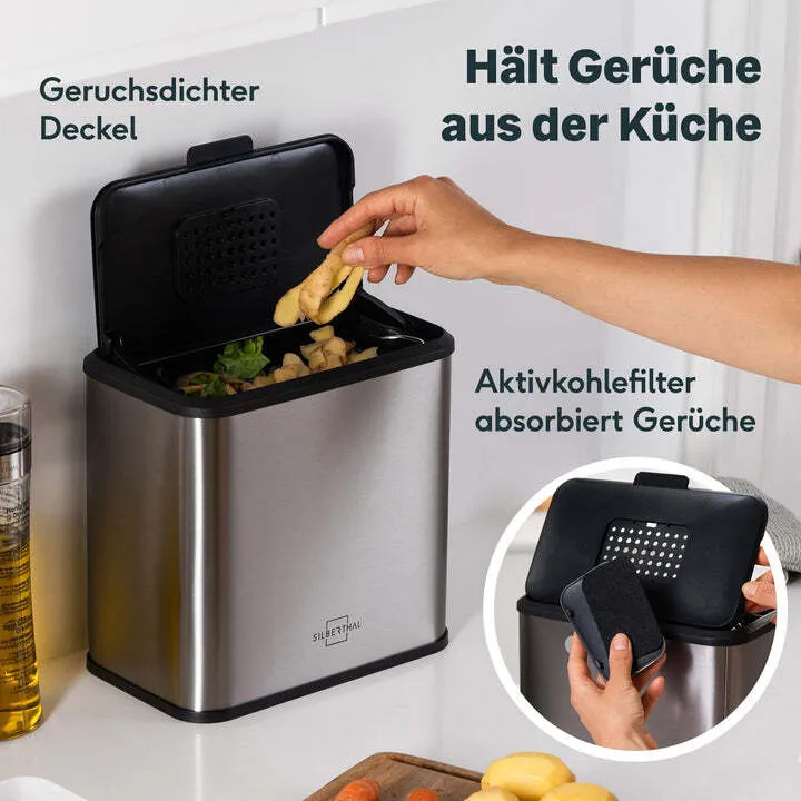 B-Ware SILBERTHAL Biomülleimer Abfalleimer Edelstahl Aktivkohlefilter 4L Kunststoff