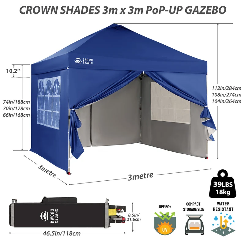 B-Ware CROWN SHADES Pavillon 3x3m Faltpavillon 4 Seitenwände UV50+ Graue Version
