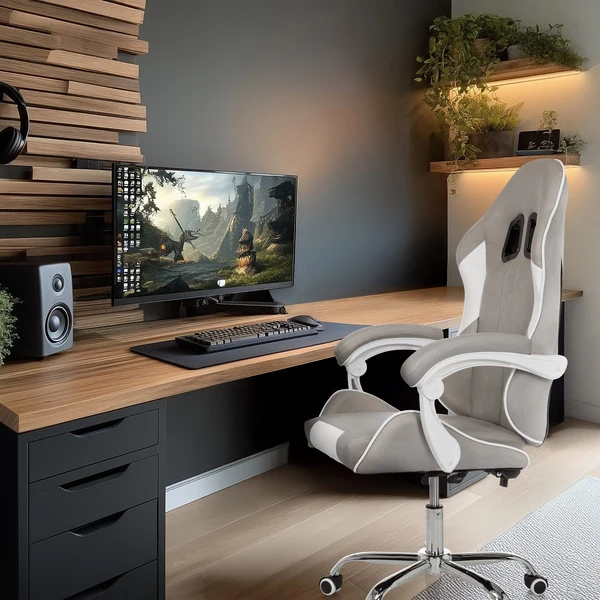 B-Ware MyBuero Gaming Stuhl Bürostuhl GAMEBREAKER W03 Stoff grau weiß ergonomisch