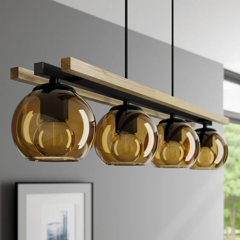 B-Ware Lindby Hängelampe Pendelleuchte Enrique Hängeleuchte amber 4flg Glas Holz E27