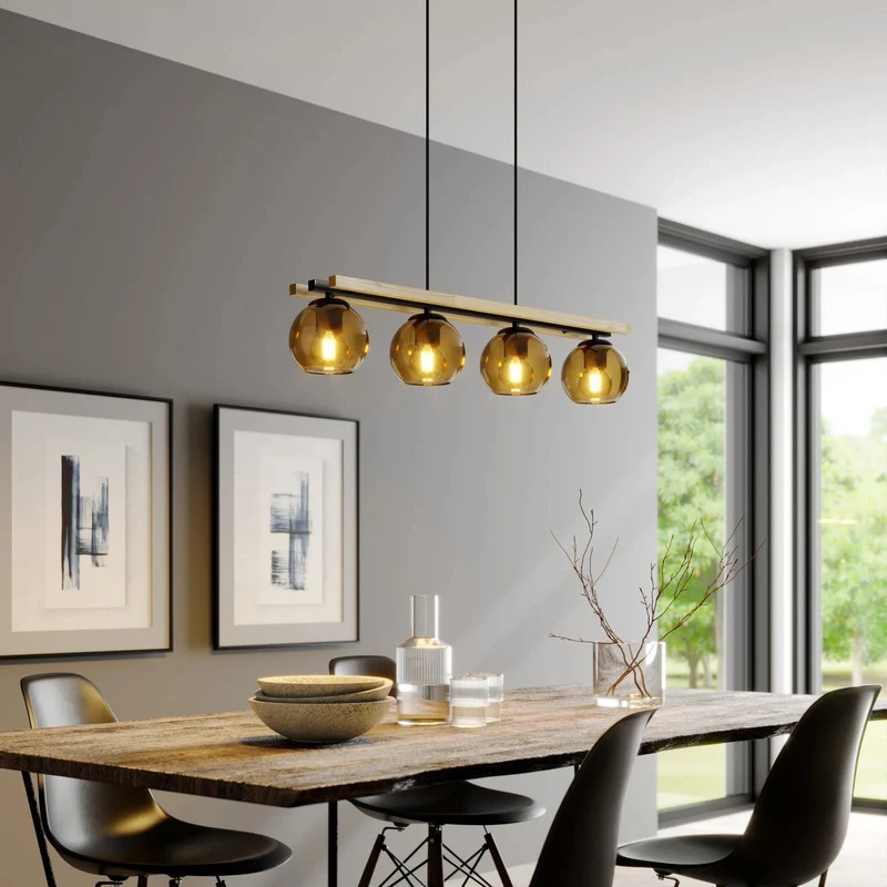 B-Ware Lindby Hängelampe Pendelleuchte Enrique Hängeleuchte amber 4flg Glas Holz E27